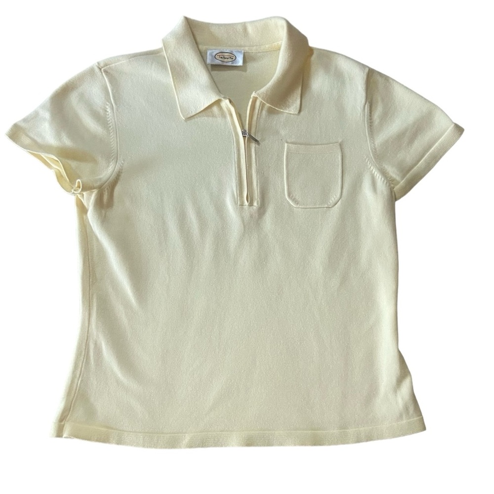 Talbots Soft Cotton Knit Short Sleeve 1/4 Zip Sweater Collar Yellow Pocket Small